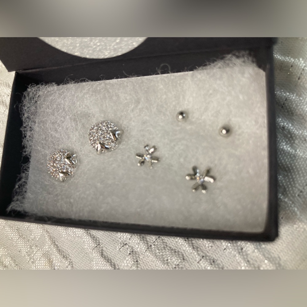 Antian Accessories™ 3 Pair Silver Stud Earrings Set – Crystal, Flower & Ball